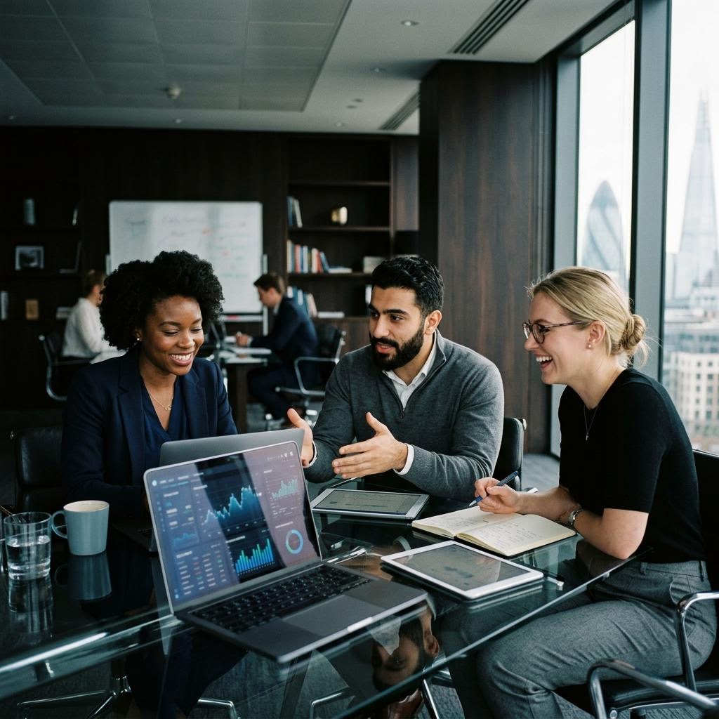 Das Analystenteam von Druvexi Aqmeno in der Zentrale